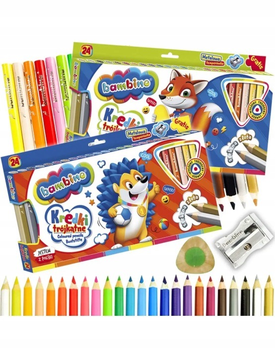 BAMBINO Trojuholníkové pastelky v drevenom ráme, 24 farieb + strúhadlo