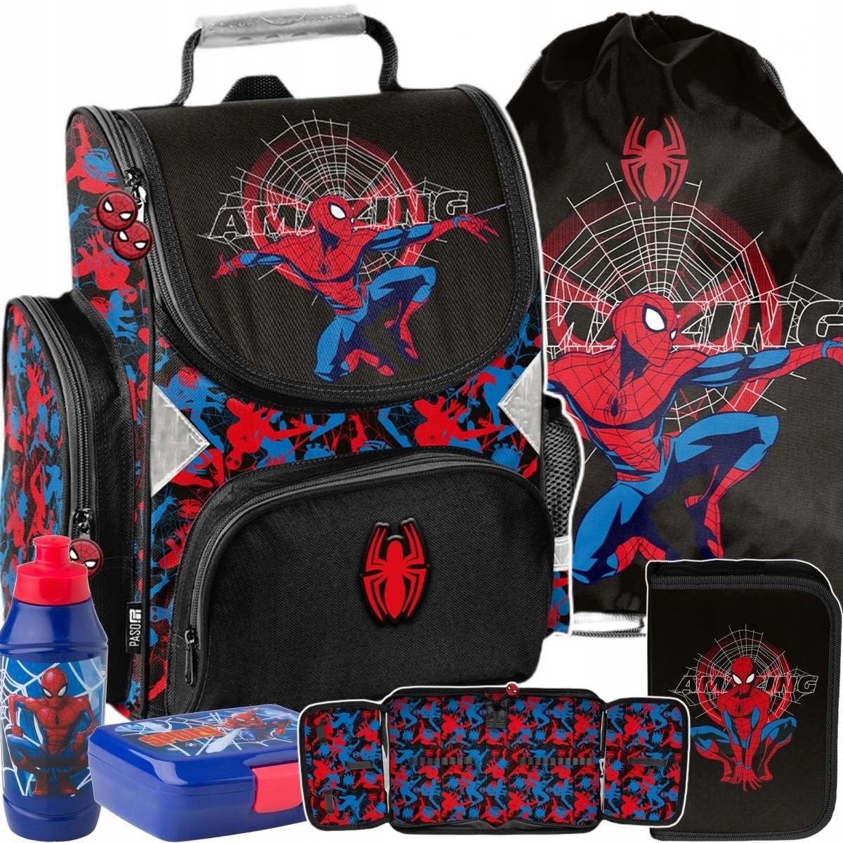 Paso Marvel Spider-Man školský set 5v1 pre chlapcov – školská taška, peračník, vak, fľaša a box na desiatu