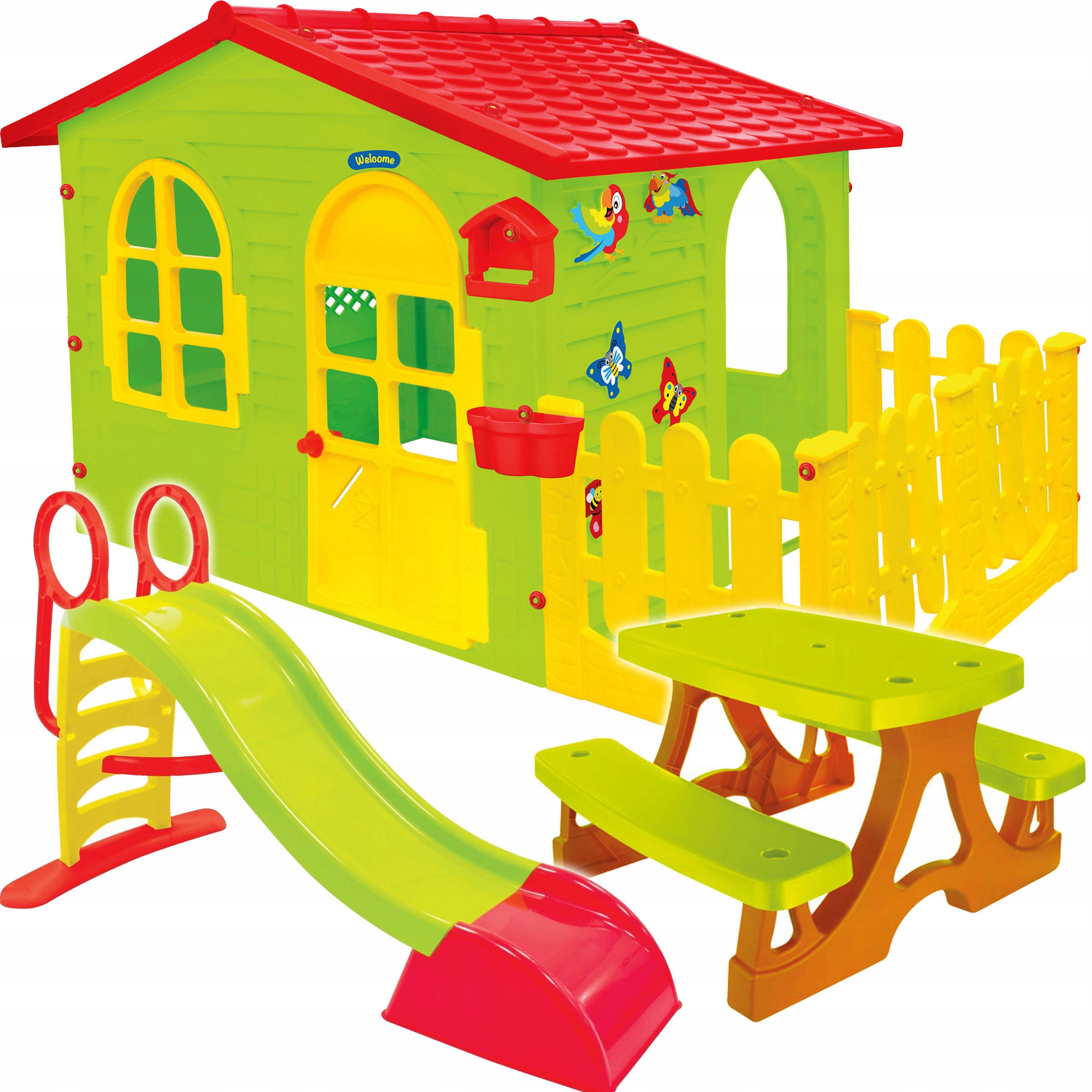 Detský domček Mochtoys s plotom, šmykľavkou a piknikovým stolom