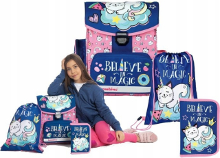 Aktovka školská taška - 3IN1 Školské vrecko Puzdro a vrece Kotek Unicorn