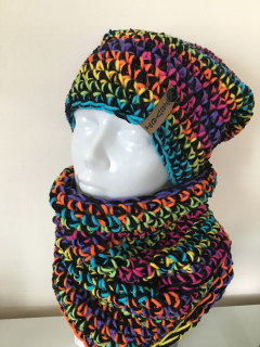 Šmolkovia - Cap a Shawl BOHO CROCHET SMERFY ROZM.55-58
