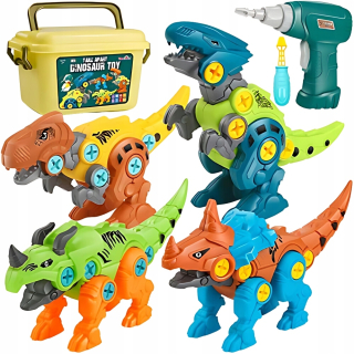 Súprava na stavenie dinozaurov pre deti s kontajnerom 4 dinosaury + nástroje +3 rok vzdelací model