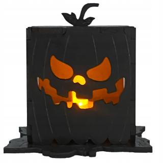 Halloweensky domček z tekvice čierny - drevená dekorácia s LED sviečkou