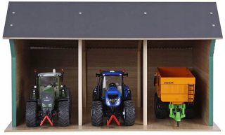 Drevená garážová prístrešná pre tri traktory v skale 1:32 45 × 28 × 22 KIDS GLOBE FARMING 610192