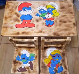 Šmolkovia - Drevený stôl 2 Detské stoličky Smurfs