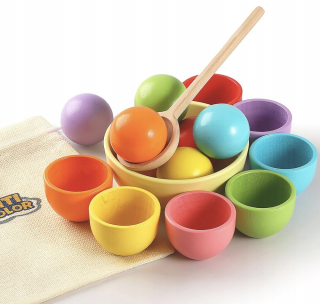 Loptičky v pohárikoch Montessori hračka na triedenie dreva, 12 loptičiek, 30 mm, vek 3+, triedenie