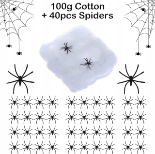 HALLOWEENSKÉ DEKORÁCIE 40x PAVÚCI + PAVÚČKA 100g STRAŠIDLÁ PÁRTY DEKORÁCIA