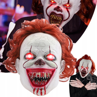 Maska Halloween - LATEXOVÁ STRAŠIVÁ KLAUNOVÁ MASKA PENNYWISE HALLOWEEN SVIETIACE OČI