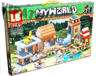 Minecraft Mega veľká dedina s vežou a figúrkami.