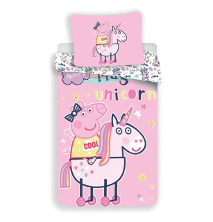 Bavlnené obliečky 140 × 200 Prasiatko Peppa Pig Jednorožec unicorn 6295 ružový obrus 70 × 90