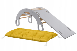Montessori MDF hojdačka šedá + šmykľavka / šmykľavka + horčicový matrac KIDS
