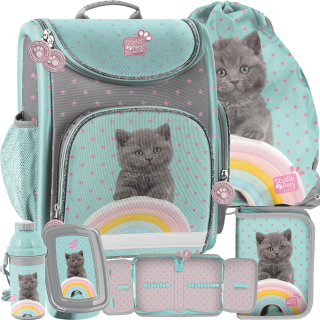 Aktovka školská taška - Školská Satchel s mačiatkom pre 1 triedu SET 5W1