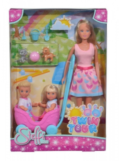 STEFFI bábika - Steffi bábika evi babysitter a timmy + kočík + domáce zviera