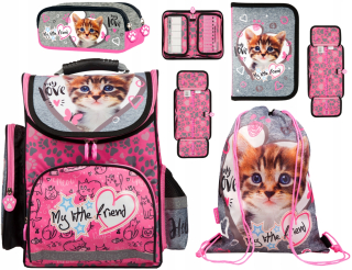 Aktovka školská taška - Satchel Cat Kotek + Puzdro na ceruzky + vrecko + taška r