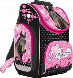 Aktovka školská taška - Ergonomický satchel s koňom. Čierny kôň. Puzdro ceruzky