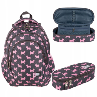 Školská taška - batoh, set, zostava - Sada 2 el. BACKPACK Ceruzka CASE St.Right Doggies psov