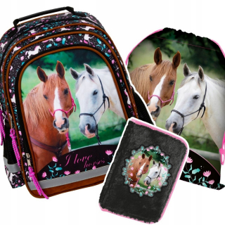 Školská taška - batoh, set, zostava - SADA 3 el. BACKPACK PENCIL CASE TAŠKA KONI KONI
