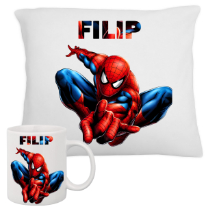 SPIDERMAN - Nastavený pre detský hrnček + spiderman vankúš + názov