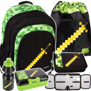 Školská taška - batoh, set, zostava - Školský batoh Set School Bag hra Black Pixel