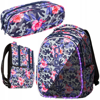 Súprava Coolpack Camo Roses LED - batoh Joy L a puzdro na ceruzky Clever