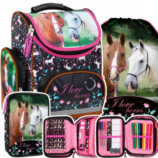 Aktovka školská taška - Nastaviť školské tašky Girls Horses Ceruzkový prípad