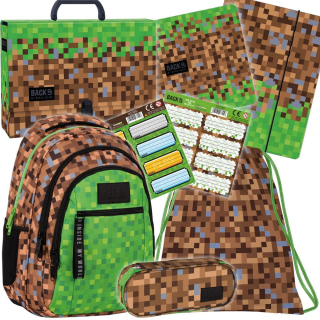 Školská taška - batoh, set, zostava - Nastaviť 6 W1 Zálohovať batoh ceruzky puzdro hra pixely