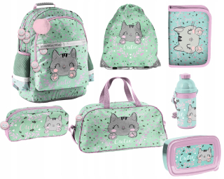 Školská taška - batoh, set, zostava - Sada 7 el batoh + Puzdro na ceruzky + vrece + vrecko Cuties Paso