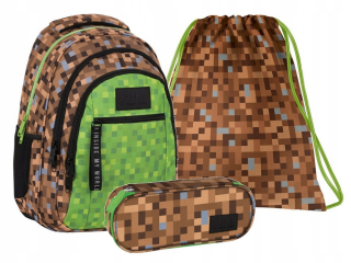 Školská taška - batoh, set, zostava - Sada školského batohu hra pixely pre chlapca
