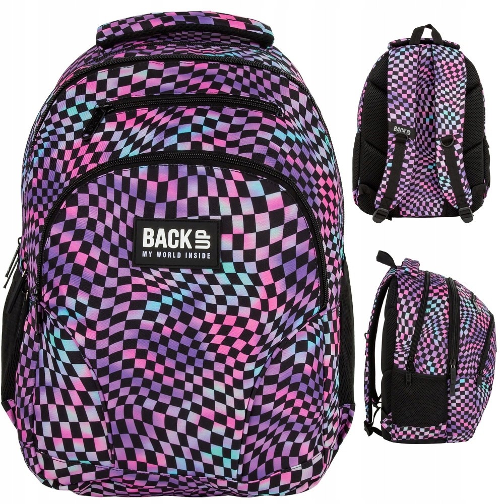 Školský batoh BackUP Crazy Šachovnica - Farebný Vzor pre Dievčatá